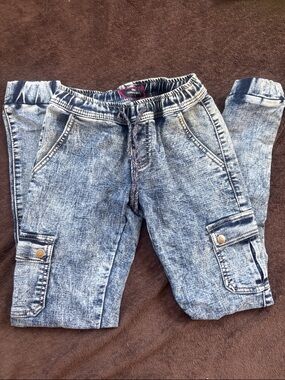 Acid Wash Denim Jogger Cargo Pants - Blue